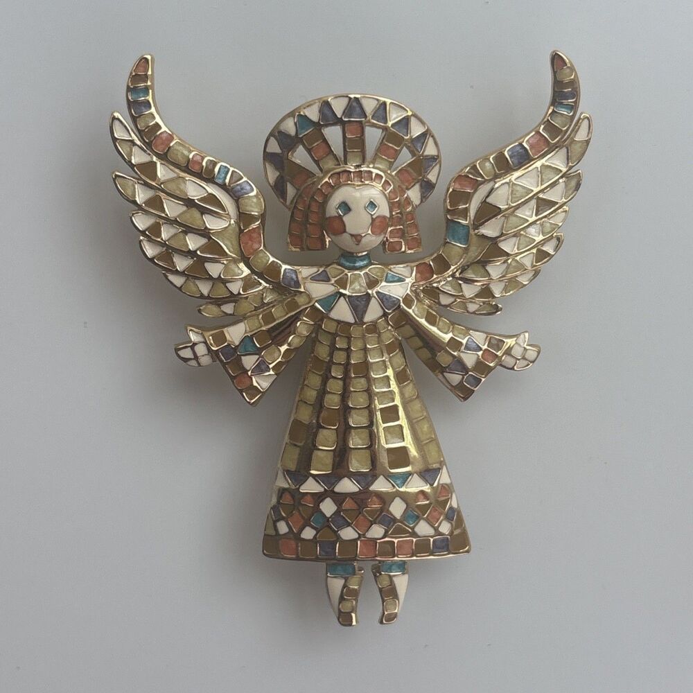 Vintage Signed Bob Mackie Enamel Mosaic Guardian Angel Pin Brooch Gold Tone